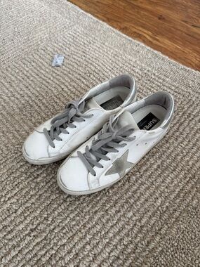 Golden Goose White Leather Sneakers with Gray Star and Laces